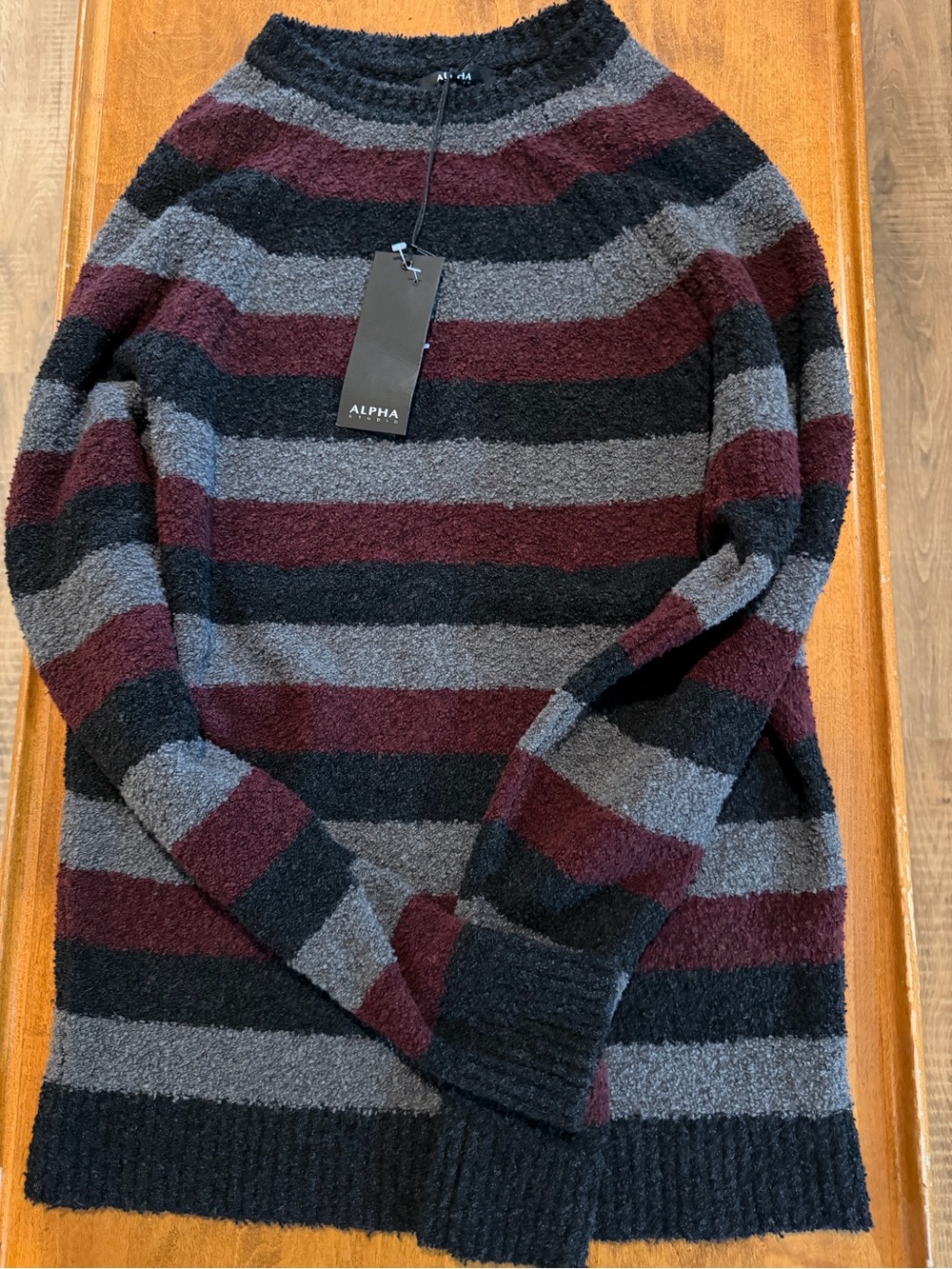 Alpha Studio Women's Striped Bouclé Sweater in Burgundy, Charcoal & Black